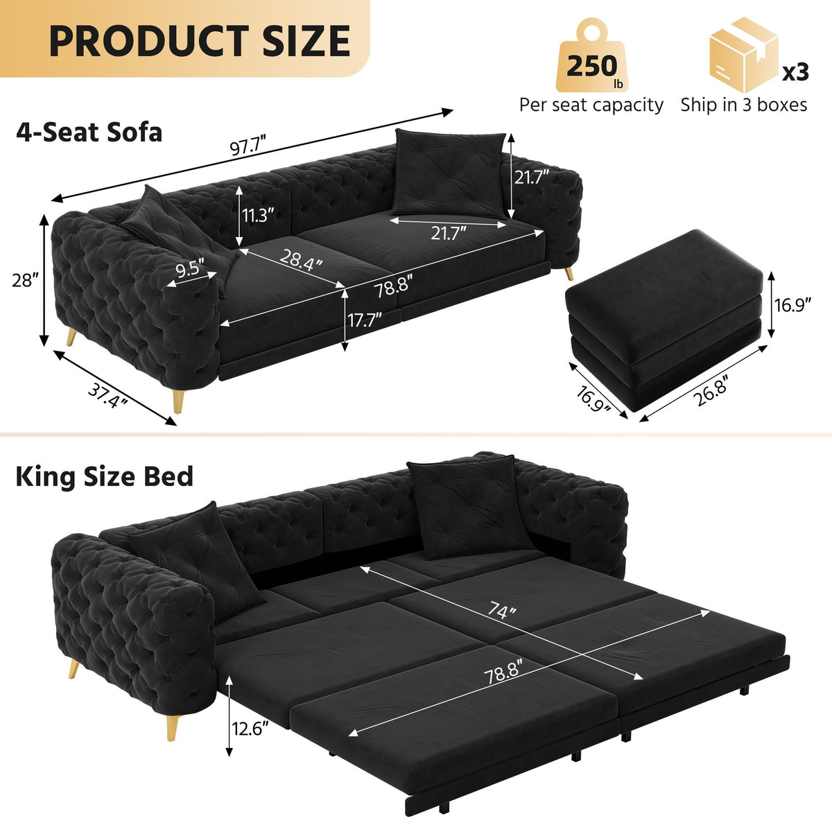 3 In 1 Convertible Sleeper, Deep Seat Pull Out Sofa Bed, Button Tufted