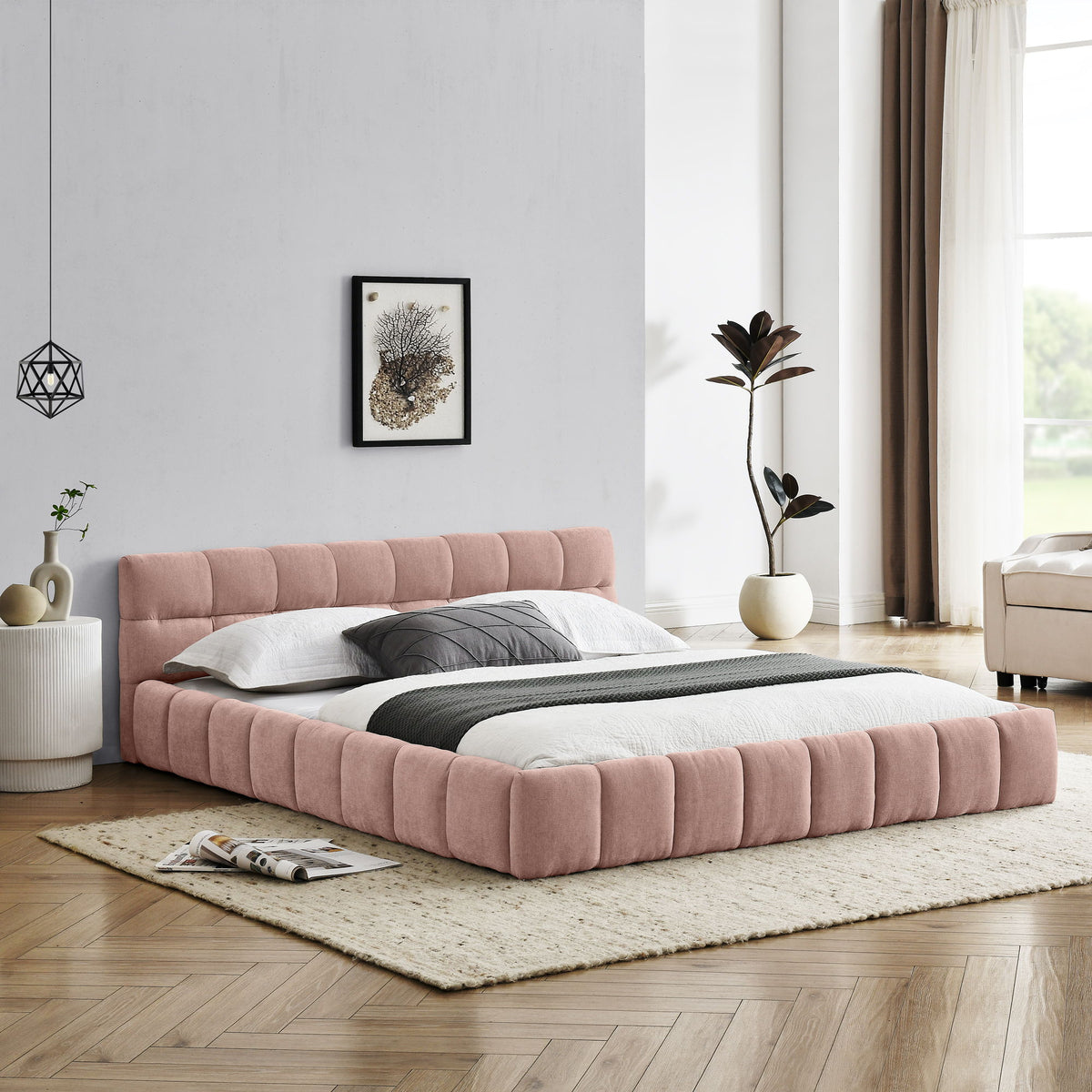 Modern Platform Bed Frame With Thick Fabric