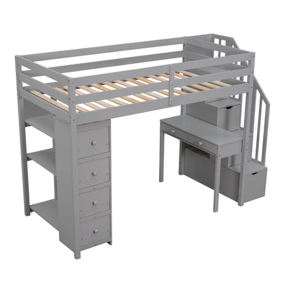 Loft Bed With Storage Drawers, Desk And Stairs With Shelves