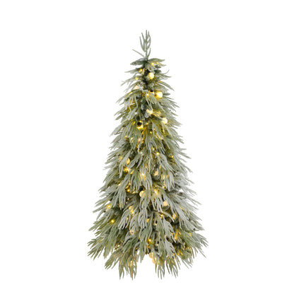 5Ft Pre Lit Spruce Snow Flocked Christmas Tree With LED Lights, Artificial Hinged Xmas Tree - White / Green