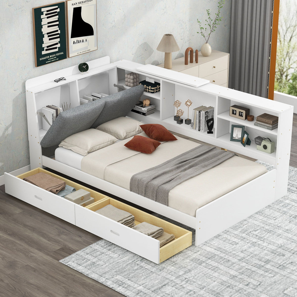 Platform Bed With Storage Headboard, Shelves And 2 Drawers