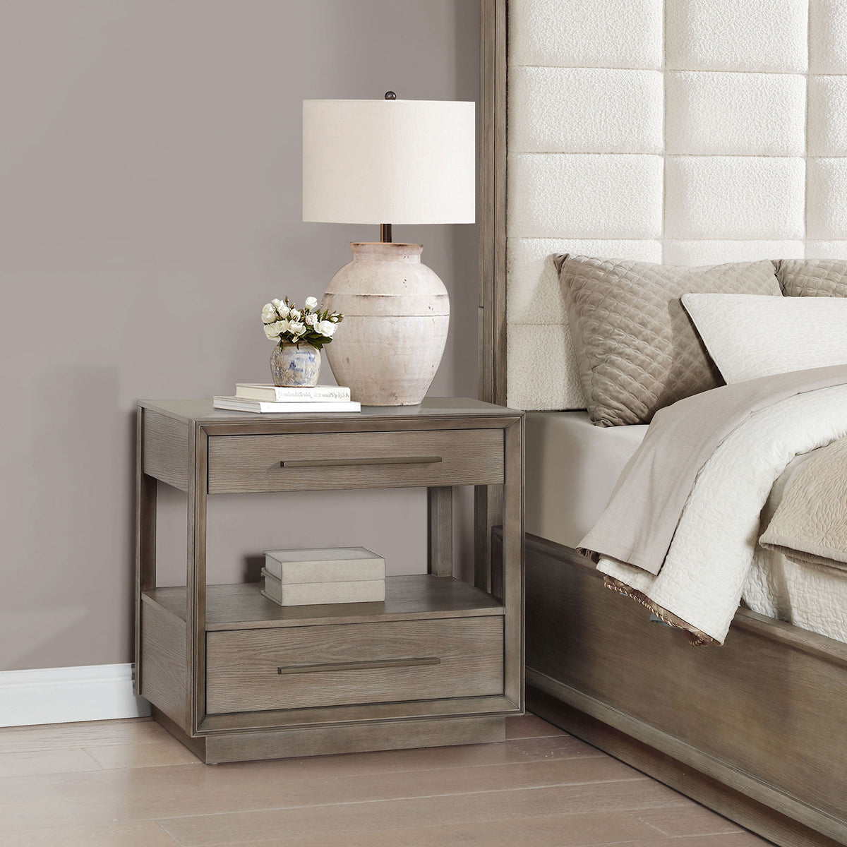 Prescott - 2 Drawers Nightstand With Open Shelf - Taupe
