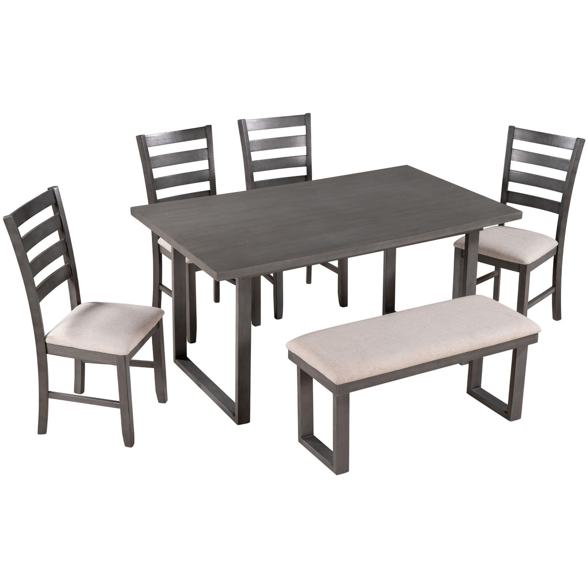 6 Pieces Family Furniture, Solid Wood Dining Room Set With Rectangular Table & 4 Chairs With Bench - Gray