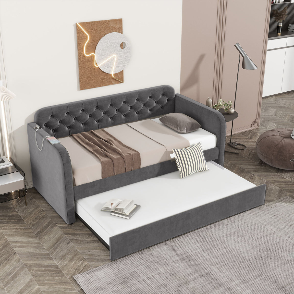 Upholstered Daybed With Trundle And USB Charging Design