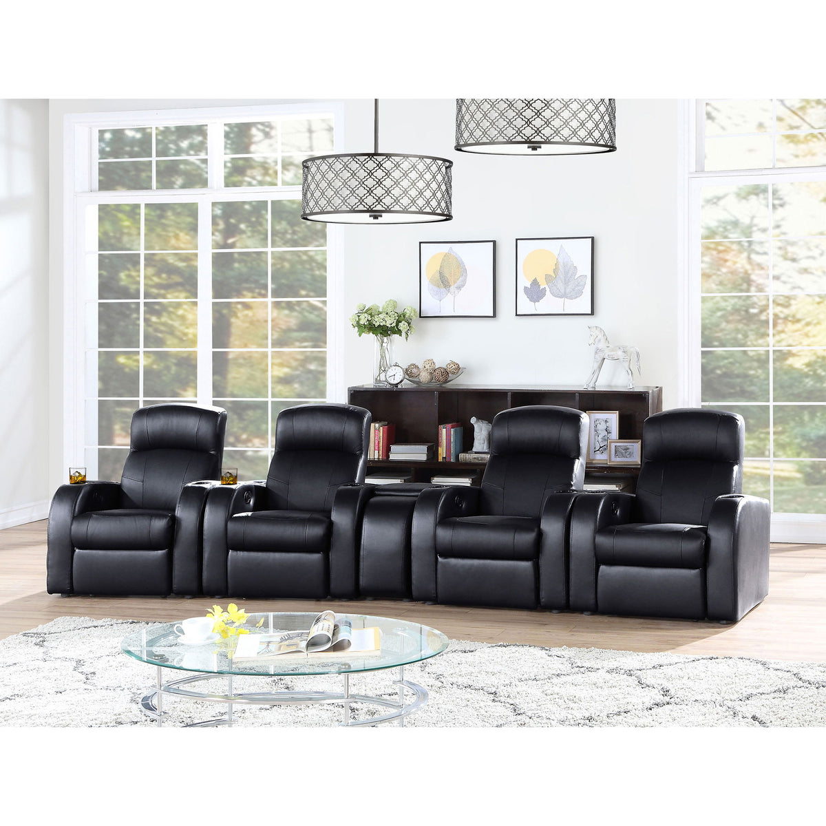 Greenfield - 4 Seater Home Theater With Wedge Console Recliners With Built In Storage And Cup Holders - Black