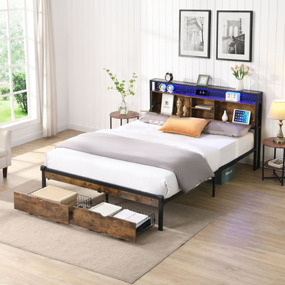 Modern Platform Bed, USB Charging Station, 2 Drawers, LED Lights
