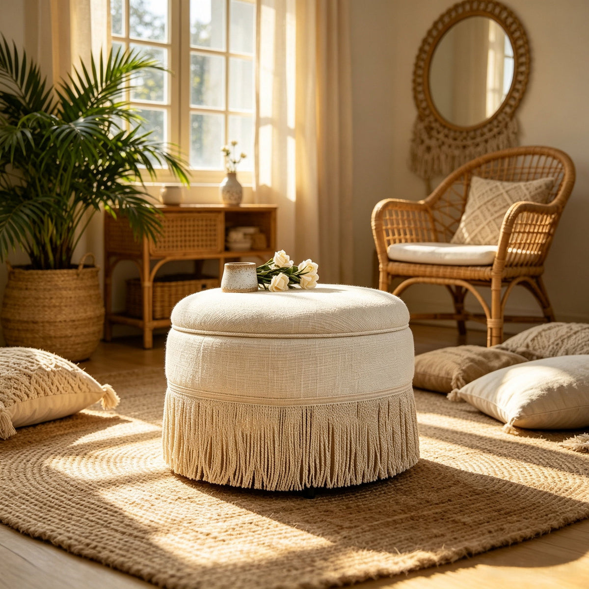 Round Storage Ottoman With Tassel, Decorative Accent Pouf For Living Room