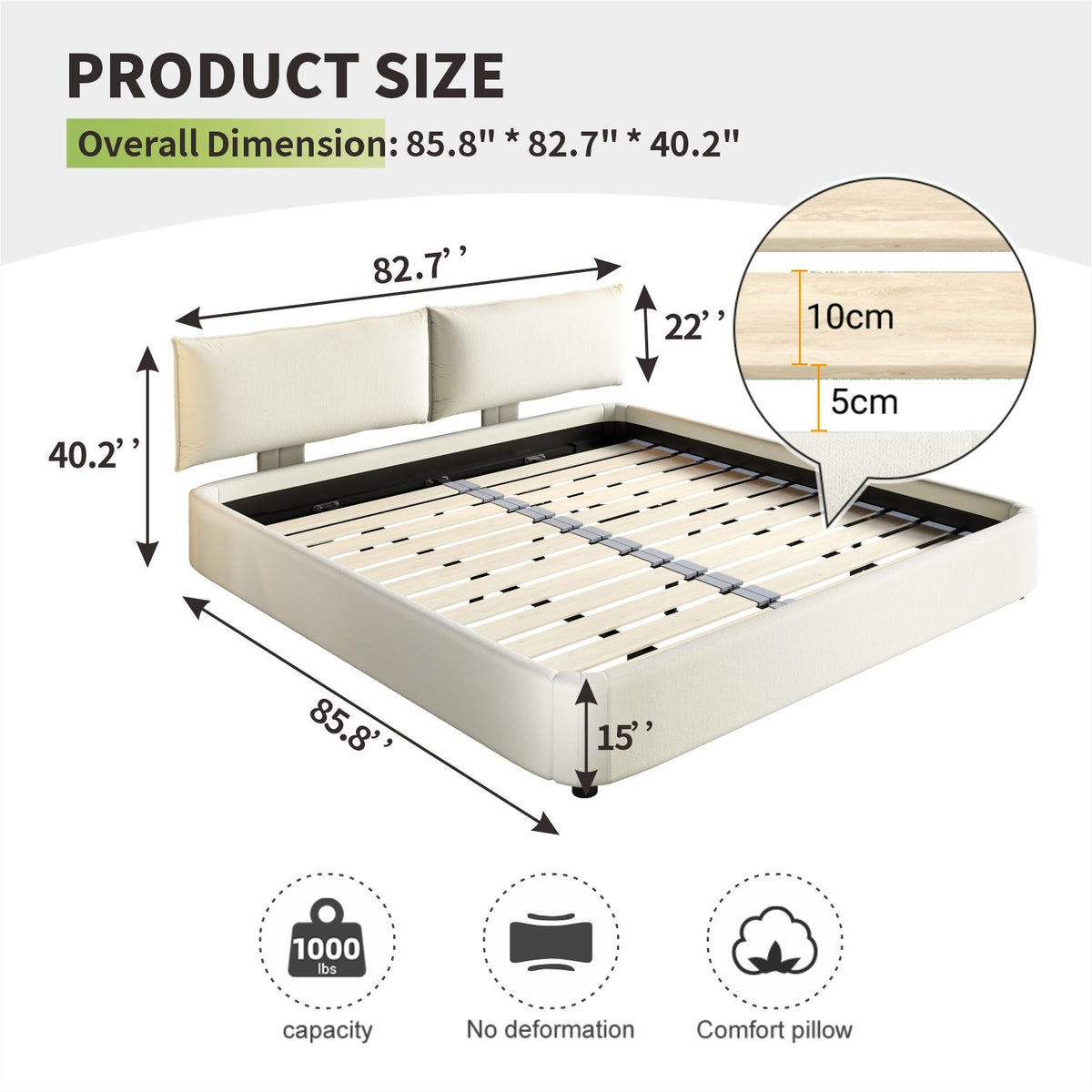 Cloud Bed Frame With Oversized Padded Movable Headboard
