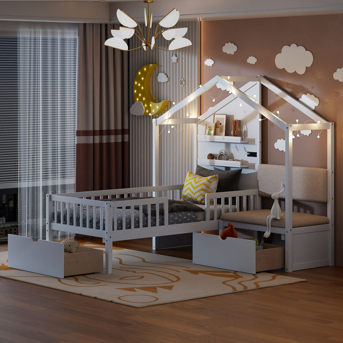 House Bed With Upholstered Sofa, Wireless Charging Station, Shelves And 2 Drawers