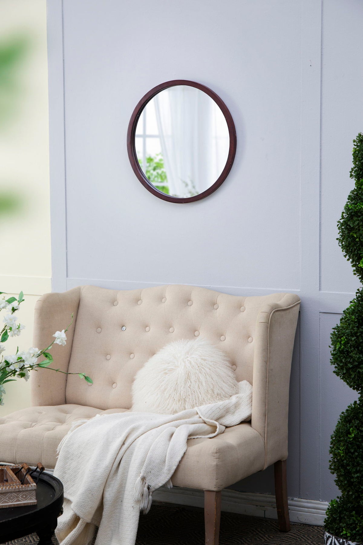 Circle Wall Mirror With Wooden Frame, Wall Mirror For Living Room