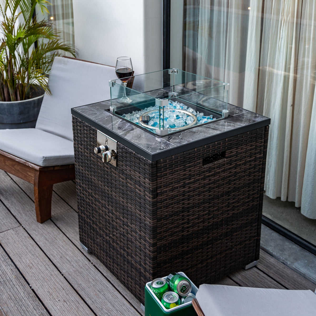 Propane Gas Square Fire Pit, Tile Tabletop With Beautiful Wicker Base For Outside
