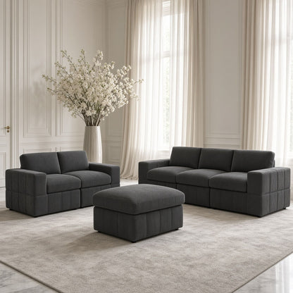 Oversized Modular Sectional Sofa Set With Loveseat & Ottoman, 6 Piece Living Room Furniture - Dark Gray