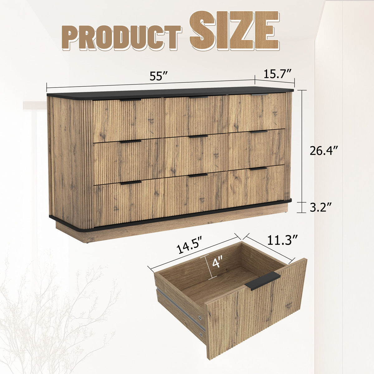 Modern 9 Drawer Cabinet With Metal Rounded Corners Multi Functional Storage - Black