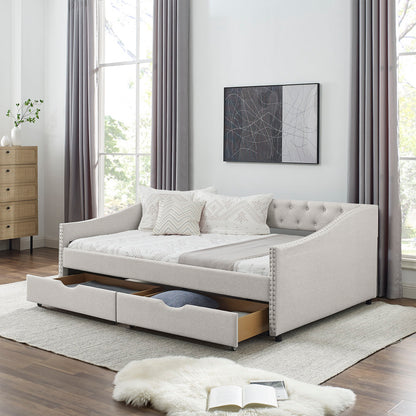 Upholstered Tufted Daybed With Drawers, Waved Arms