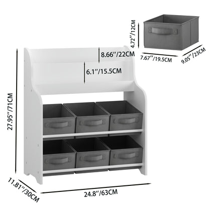 Bookshelf With 6 Storage Bins, Multi Functional Children's Bookcase And Toy Organizer - White