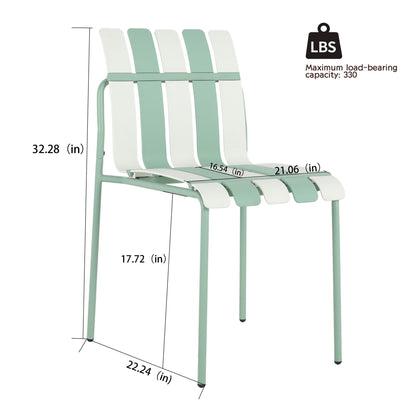 4 Piece Set Of Striped Color Blocking Single Chairs With Long Table - Cream White / Haze Green / White