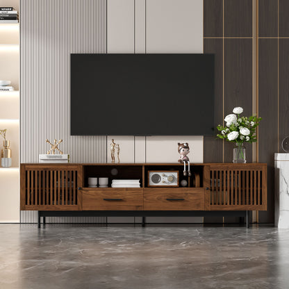 TV Stand, Media Console With 2 Drawers, Soft Closing Slatted Doors, Living Room Entertainment Center - Walnut