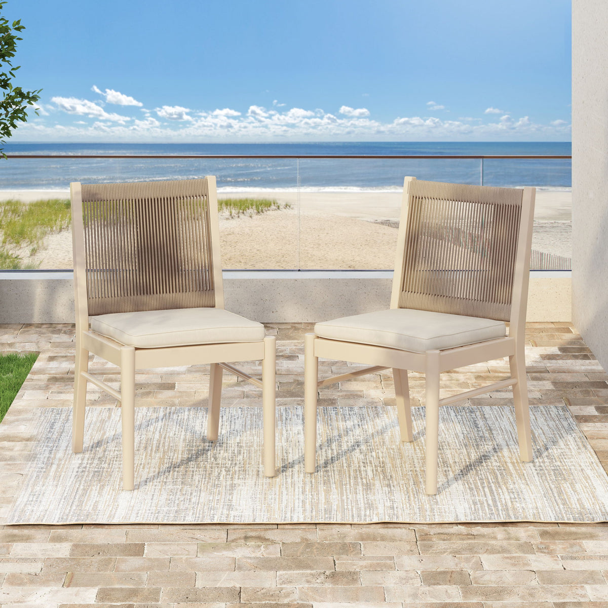 Cordoba - Dining Chair (Set of 2) With Acacia Wood Frame And Water Repellent Fabric - Beige / Yellow