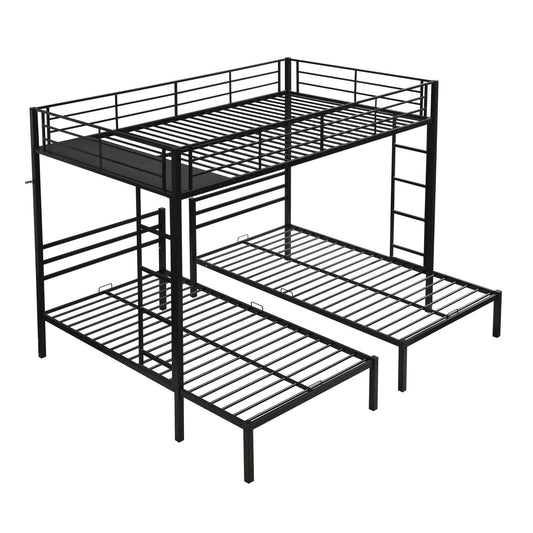 Modern Metal Triple Bunk Bed With Vertical Ladder, Safety Rail, And Storage Shelf - Black