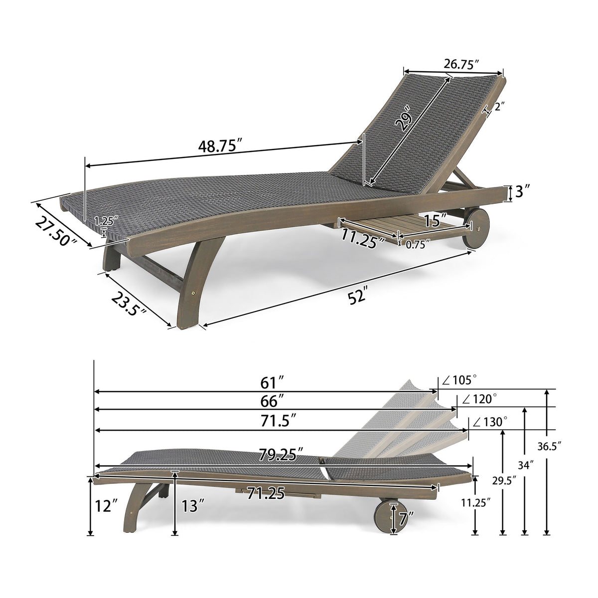 Outdoor Chaise Lounge With Pull Out Tray And Wicker Seat - Gray