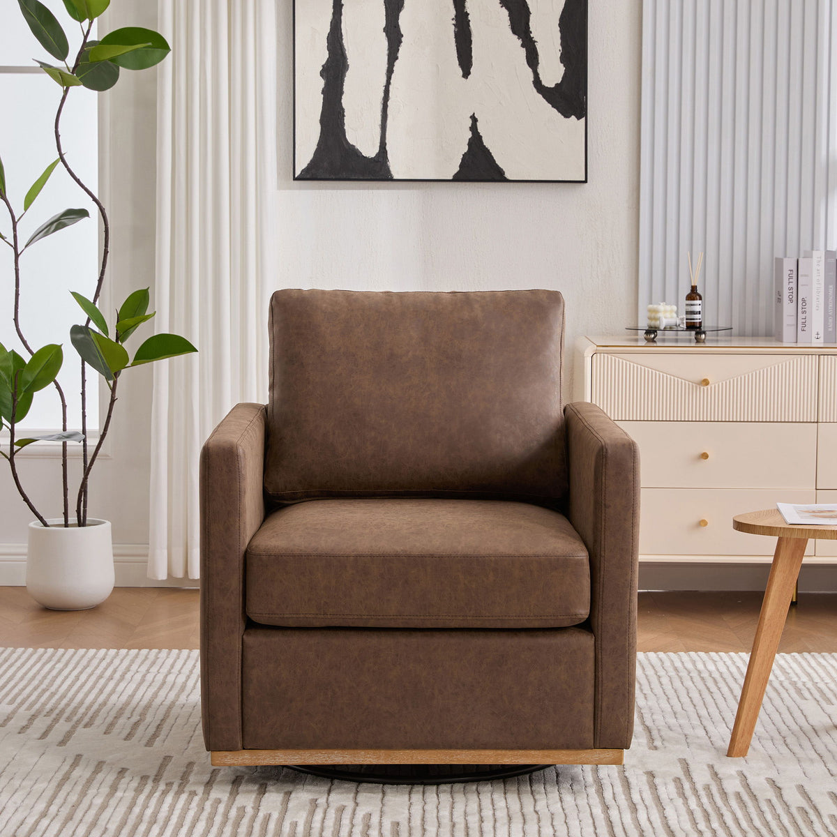 Modern Upholstered Square Swivel Accent Chair With 360 Degree Rotation
