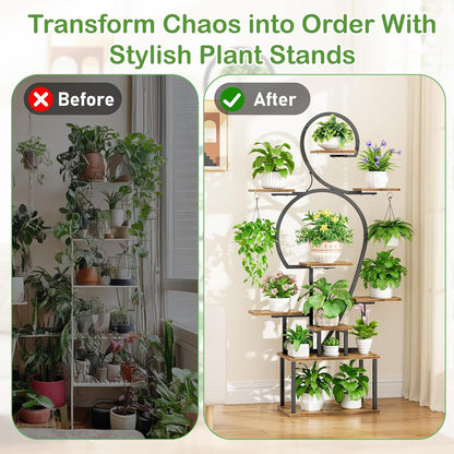 Plant Stand Indoor With Grow Light, 9 Tiered 63" Tall Indoor Plant Shelves For Multiple Plants - Walnut / Black