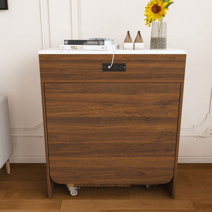 Extendable Dining Table With Power Socket, Lockable Casters, Storage Cabinet, Pull Out Kitchen Island - Natural Walnut