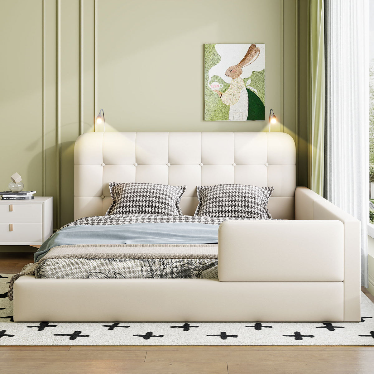 Queen Size Upholstered Platform Bed With 2 Reading Lights - White