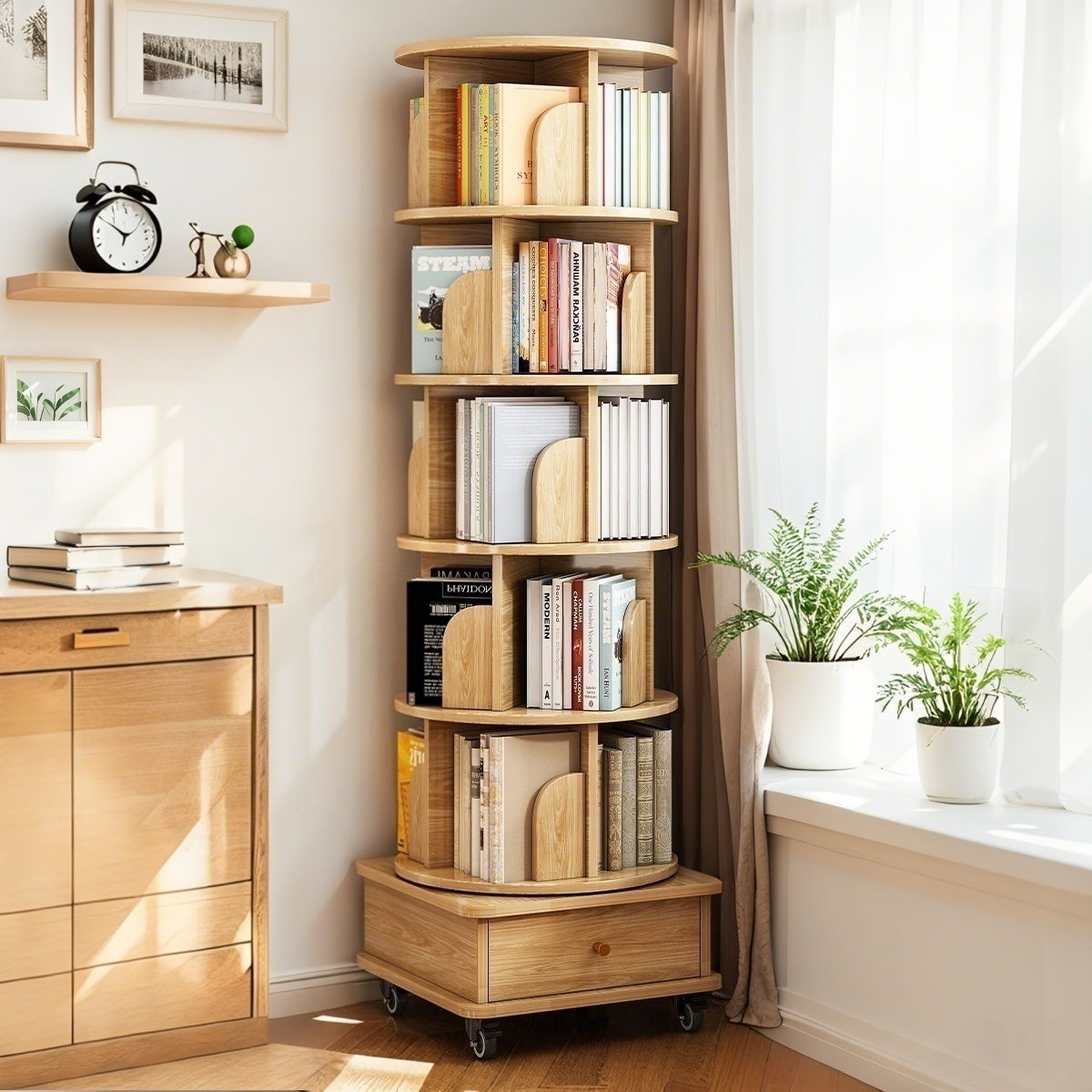 6 Tier Rotating Bookshelf With Wheels And Drawer, 360° Spinning Design, Space Saving Storage, For Home - Wood