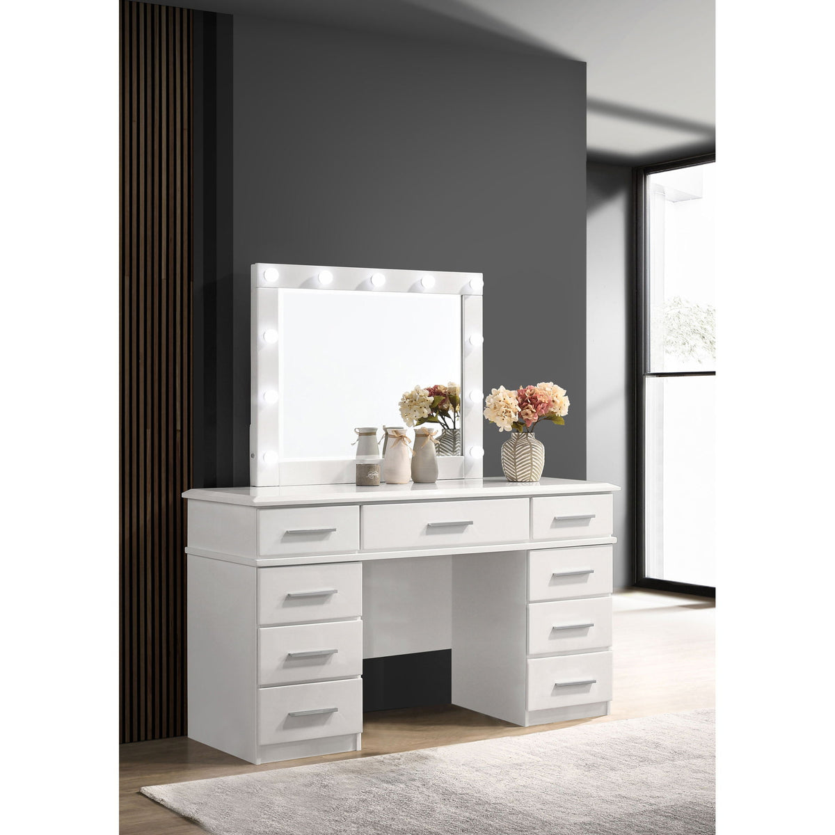 Sarah - 9 Drawer Vanity Desk With Mirror Set - White