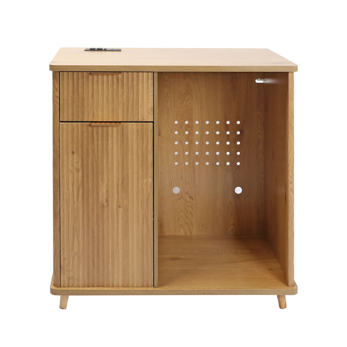 Fluted Coffee Bar Cabinet With Mini Fridge Space & Charging Station - Natural