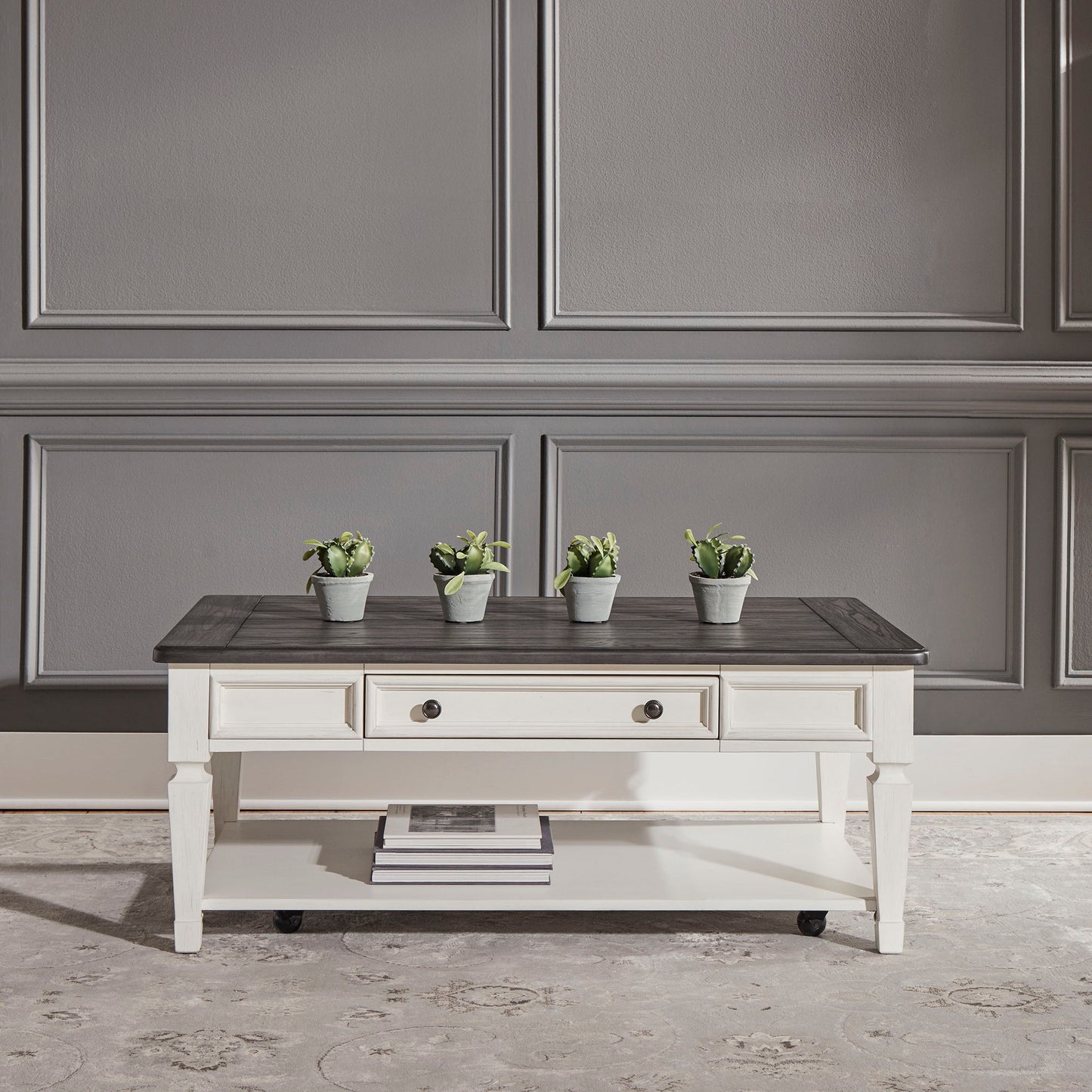 Allyson Park - Rectangular Cocktail Table - Wirebrushed White / Charcoal