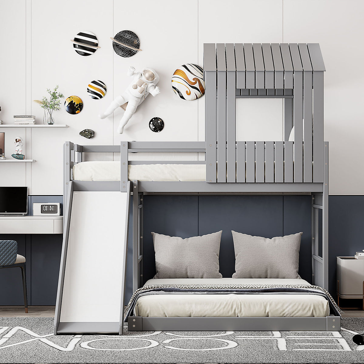 Loft Bunk Bed With Playhouse, Farmhouse, Ladder, Slide And Guardrails