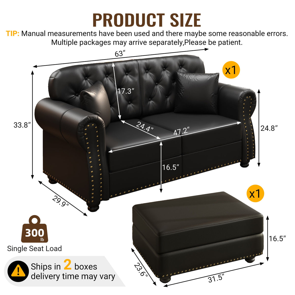 Upholstered Sofa With Nailhead Trim, Rolled Armrests With Ottoman