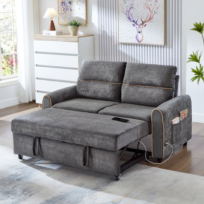 Pull Out Sofa Bed With Adjustable 3 Position Backrest, USB Charging Ports, Side Pockets