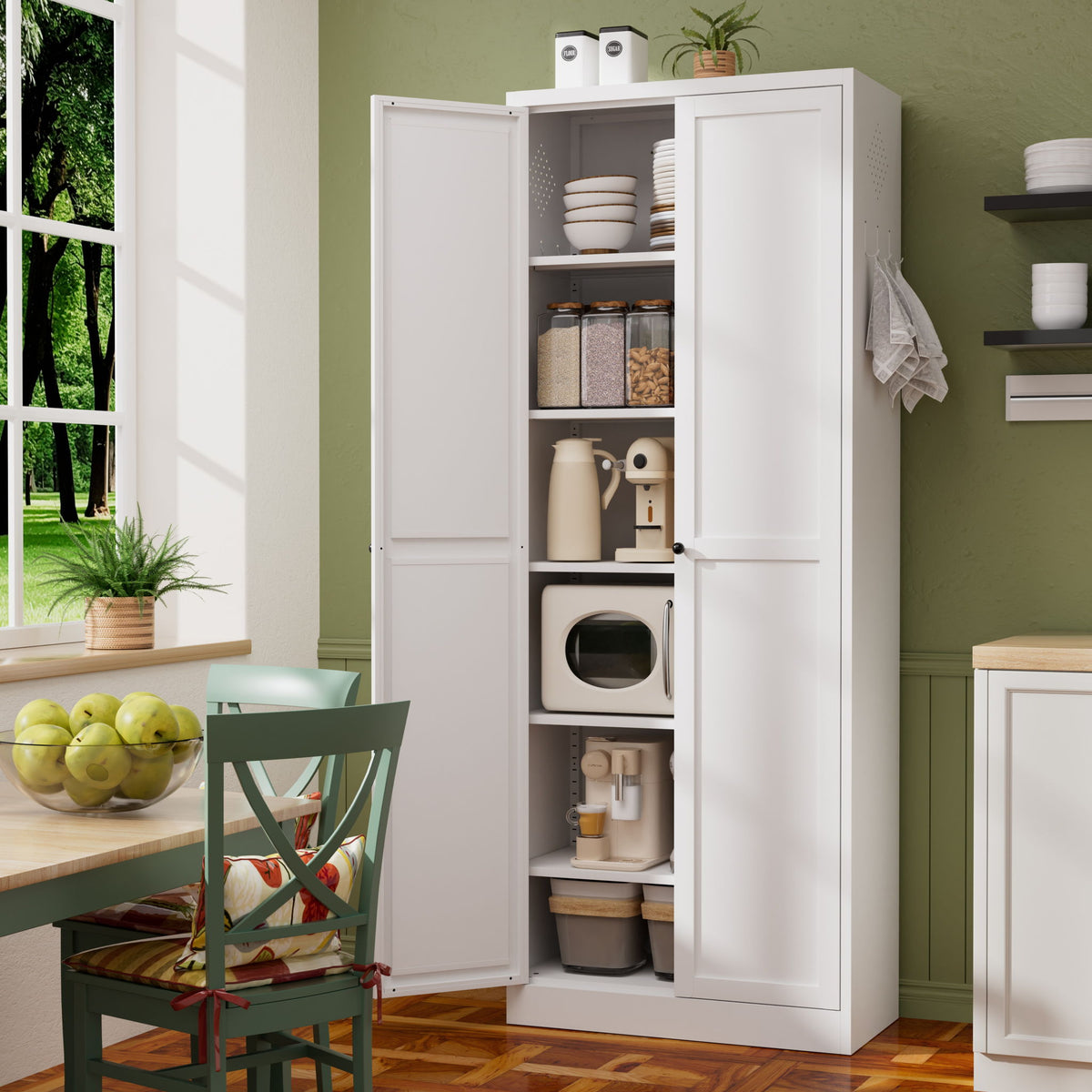 Kitchen Pantry Cabinet With Doors, Heavy-Duty Freestanding Storage Organizer With 5 Adjustable Shelves, Tool Free Assembly - White