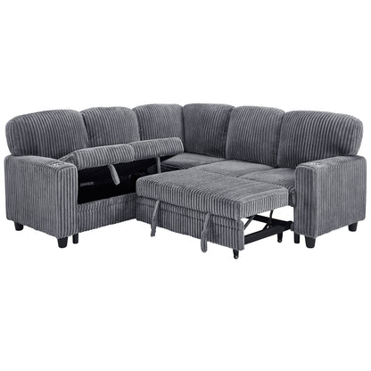 L-Shaped Sectional Sofa Bed With Pull Out Bed & Storage, 5 Seat Sleeper Couch With USB Charging For Living Room - Gray