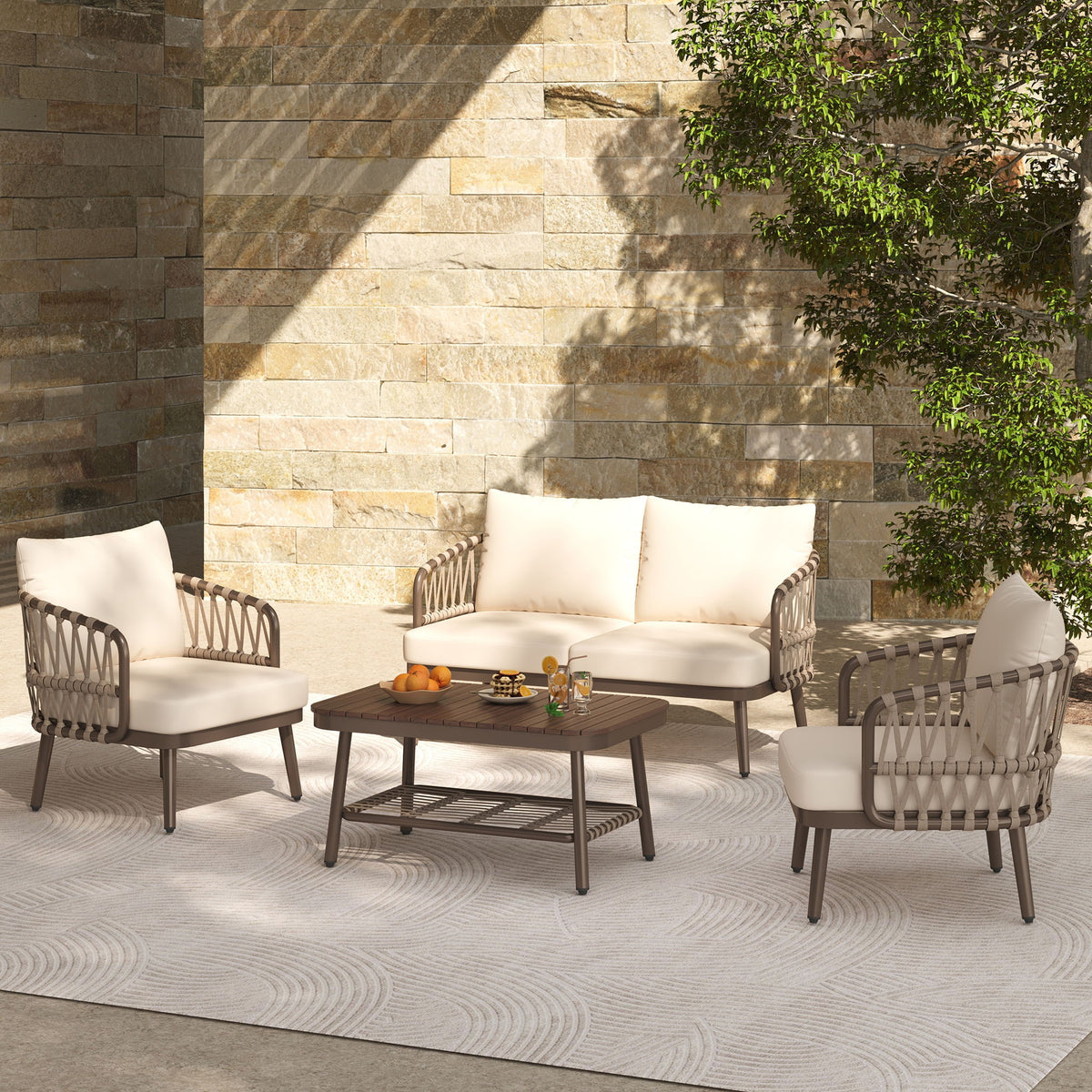 4 Piece Outdoor Patio Furniture Set, Metal Chairs With Woven Rope U Shaped Backrest