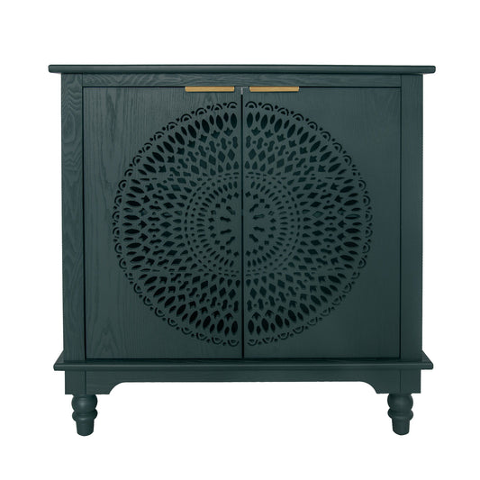 Hollow Carved 2 Door Accent Cabinet With Adjustable Shelf, Sideboard Buffet For Entryway, Living Room Or Bedroom - Blackish Green