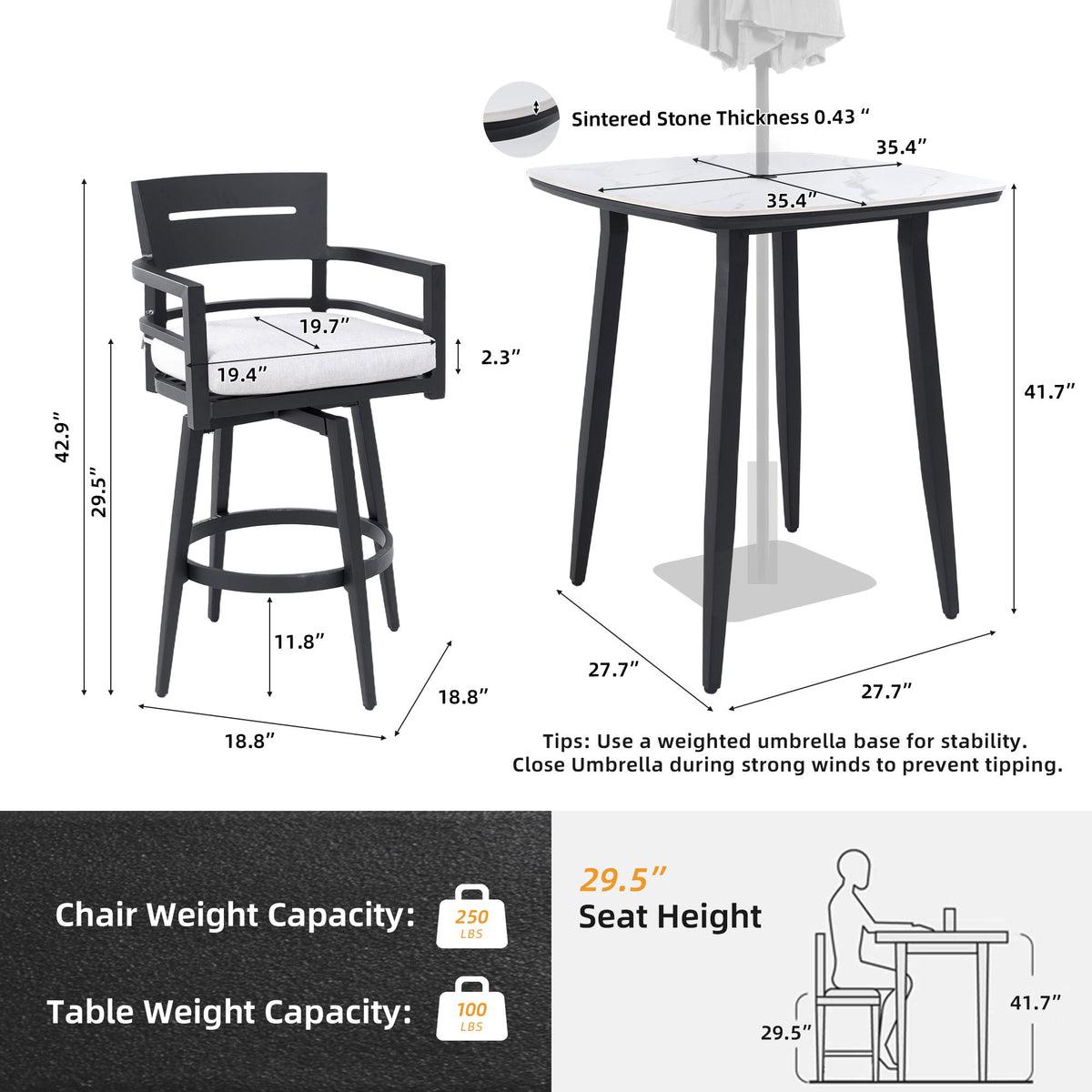 Modern Outdoor Patio Bar Set, Rounded Square Table & Bar Chairs, Non Rust Frame, Tapered Legs, Sunbrella Cushion