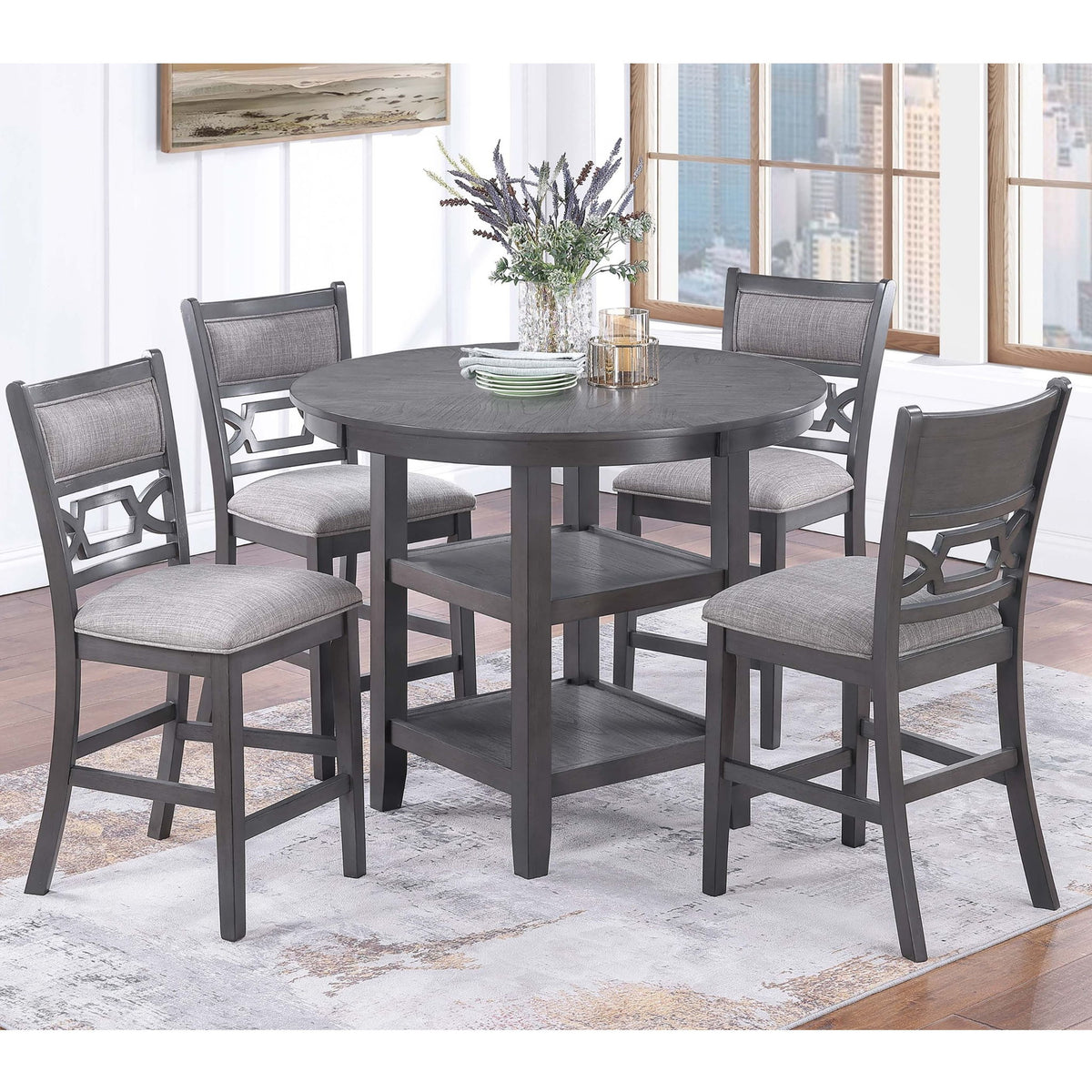 5 Piece Counter Height Dining Set With Storage Shelves Round Table And Upholstered High Chairs - Gray