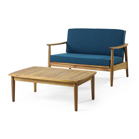 Outdoor Acacia Wood Loveseat Set With Coffee Table