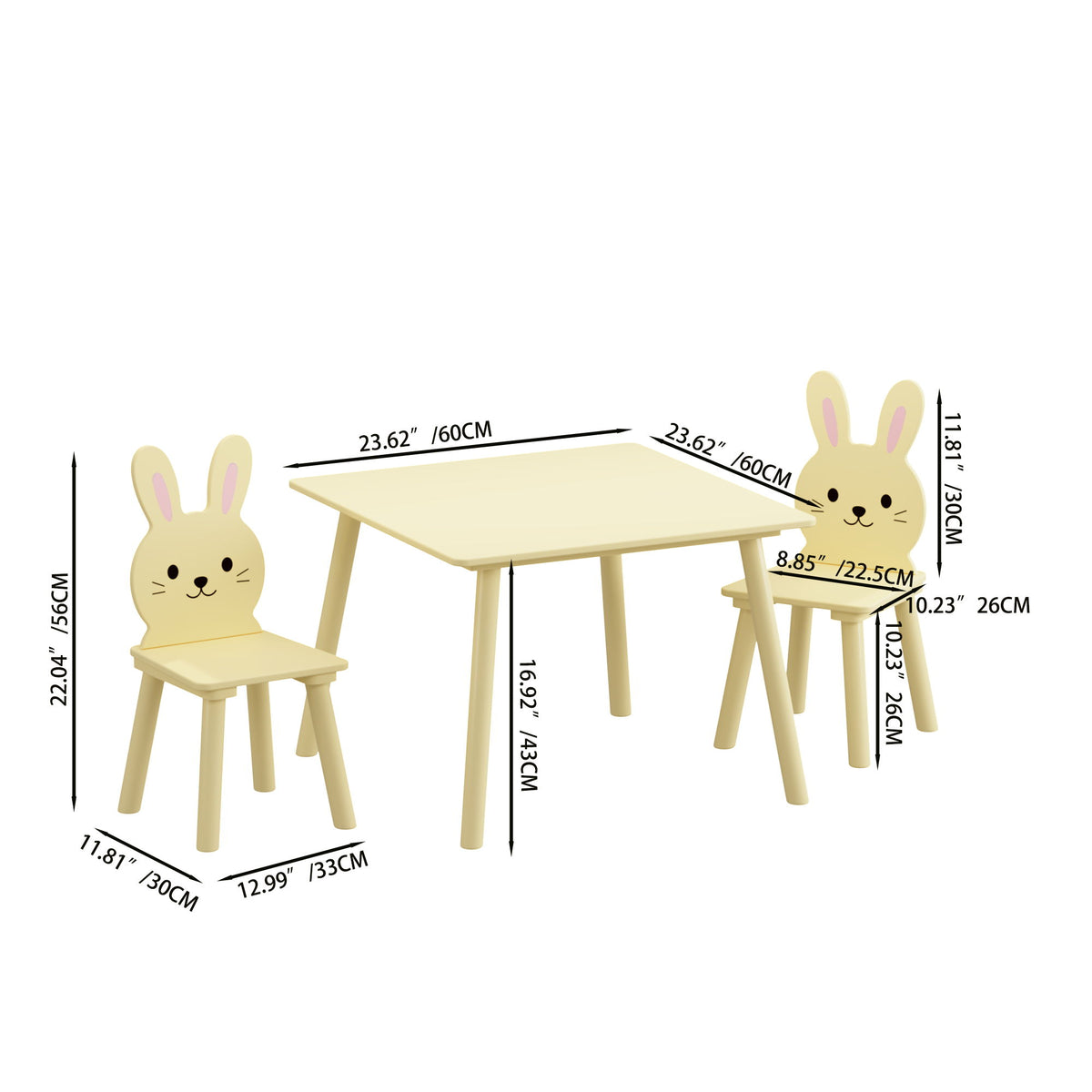 Table And Chair Set With 2 Bunny Chairs, Children's Activity Table For Toddlers, Cute Animal Design - Yellow