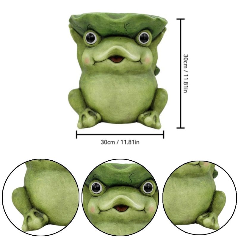 12'' Cute Frog Statue With Lotus Leaf Hat, Cartoon Animal Figurine Decor, Outdoor Garden Landscape Sculpture Ornament For Front Porch, Backyard Lawn, Patio, Walkway Home Decor