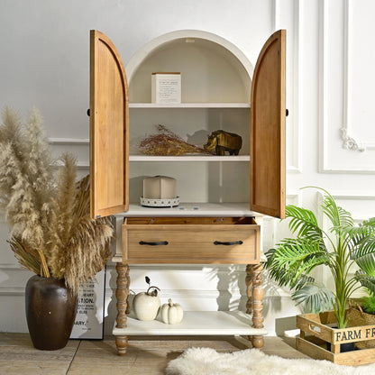 Arched Flower Carved Door Accent Sideboard Cabinet With 1 Drawer And Shelf, Cabinet For Kitchen - Natural / White