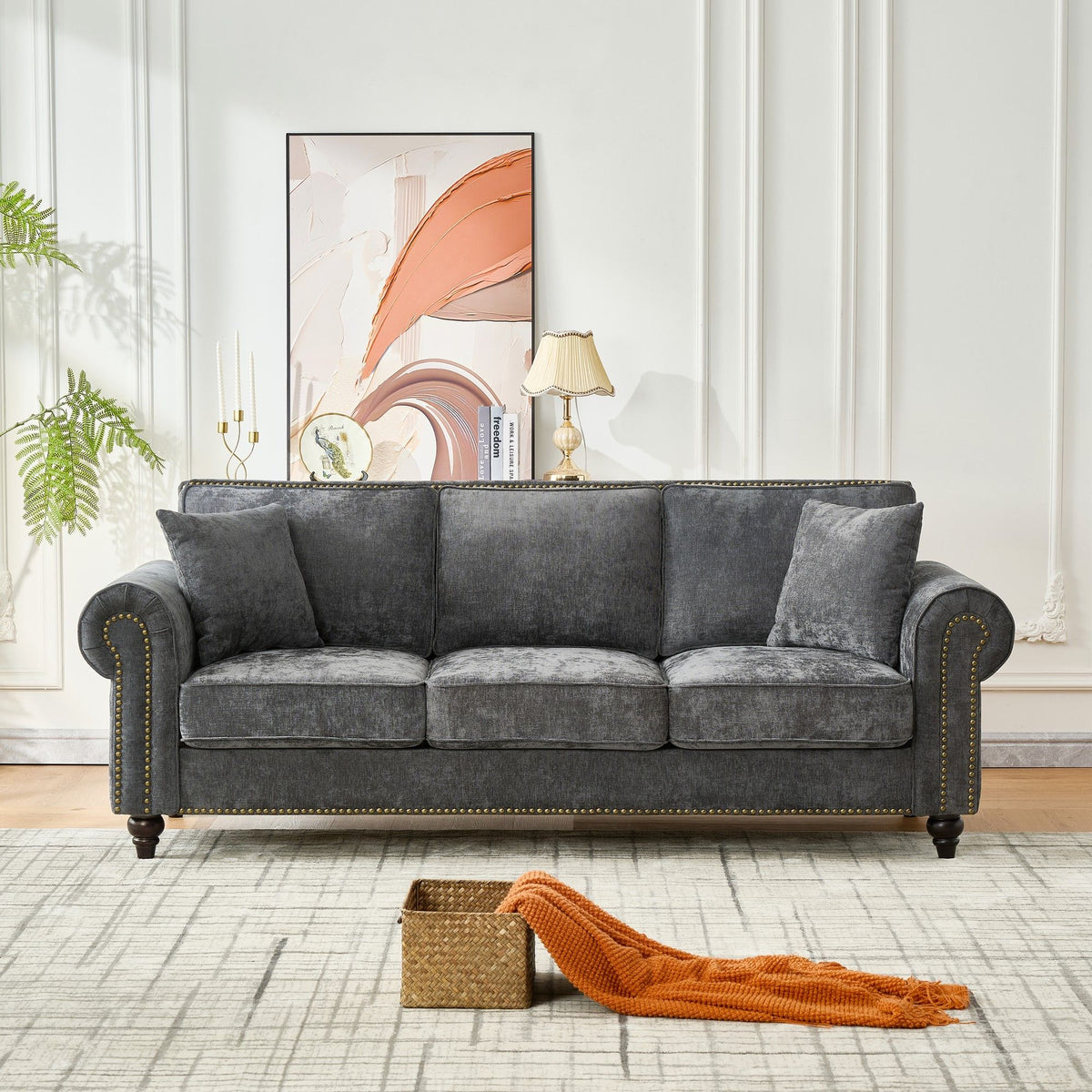 3 Seater Sofa With Tufted Upholstery, Rolled Arms, Nailhead Trim