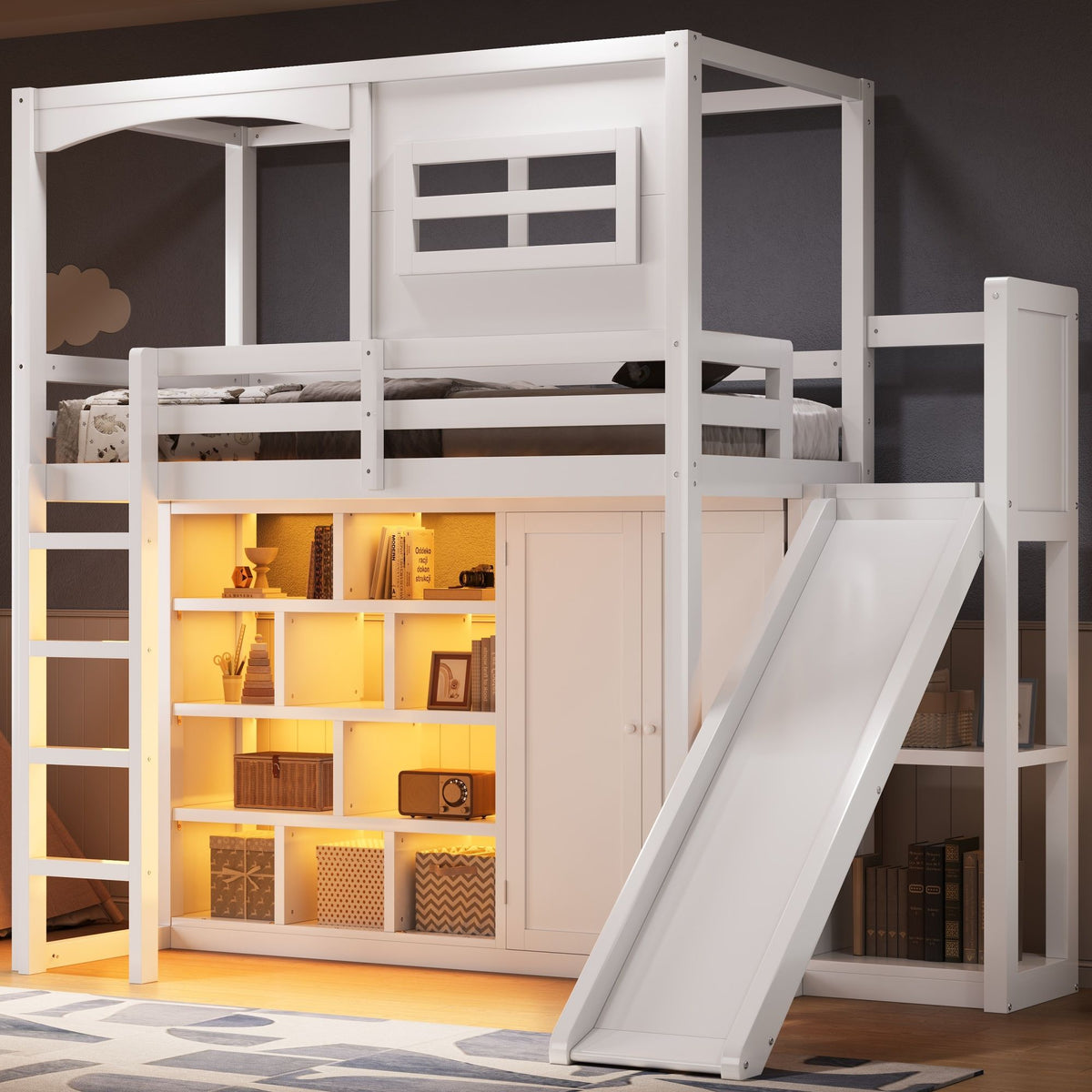 Twin Size Loft Bed With Wardrobe, Storage Shelves, Slide And LED - White