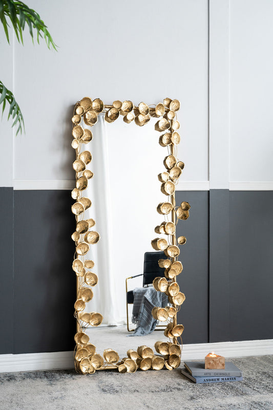 Full Length Mirror With en Leaf Accents, Floor Miiror For Living Room Bedroom - Gold