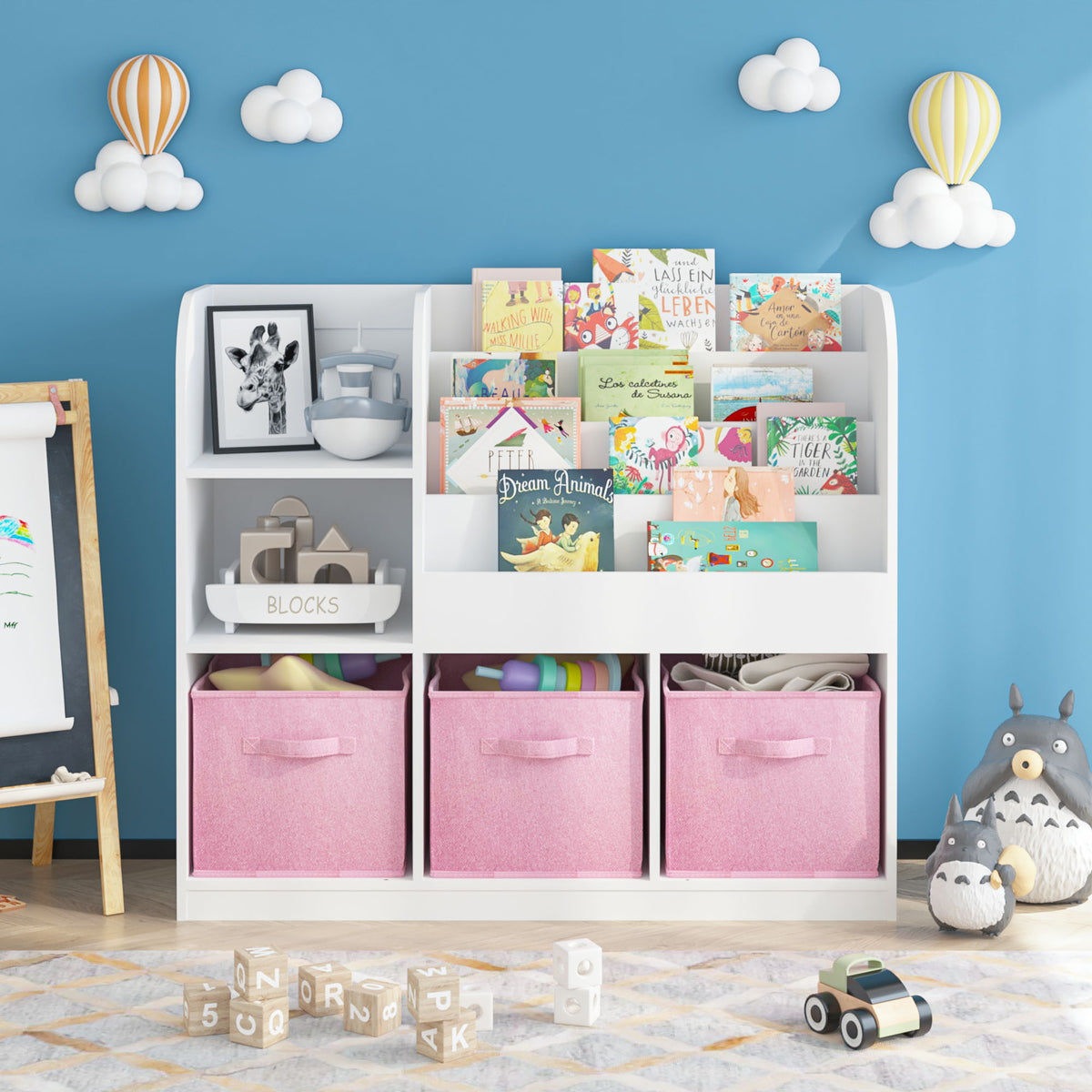 Bookcase And Bookshelf With 3 Collapsible Drawers, Multifunctional Display Stand