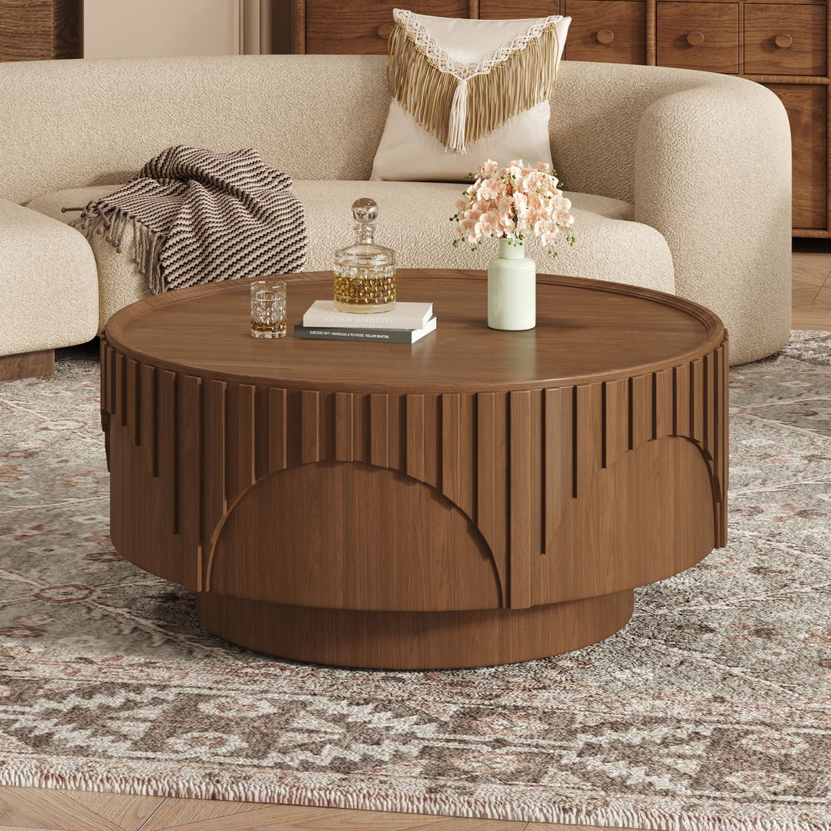Round Fluted Drum Coffee Table With Sturdy Base For Living Room